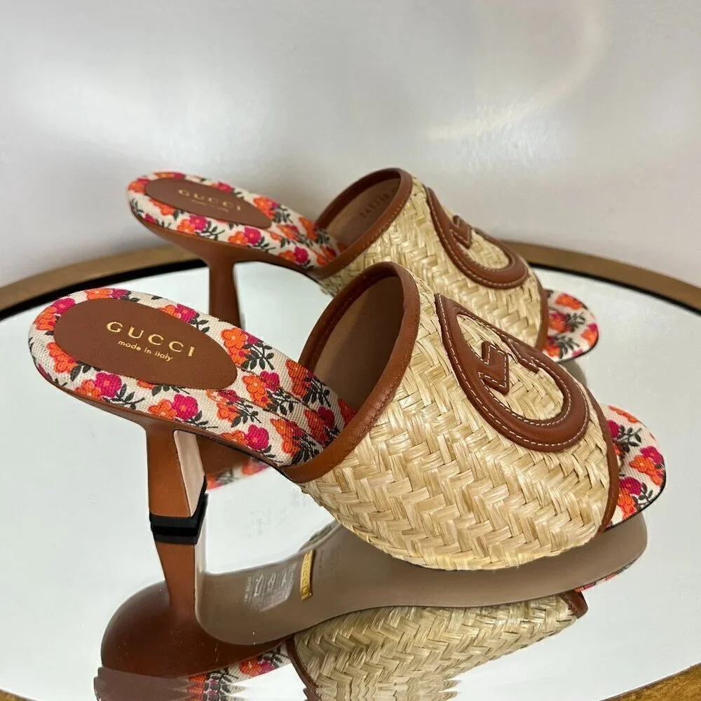GUCCI Mabel Leather-trimmed Raffia Mules in Beige Size 8.5US / 38.5EU